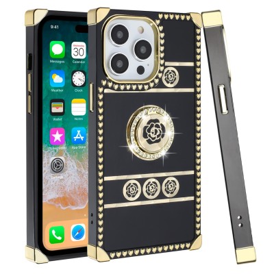For Apple iPhone 14 6.1" SQUARE Passion Glitter Diamond Ring Stand Case Cover - BLACK CHROME J
