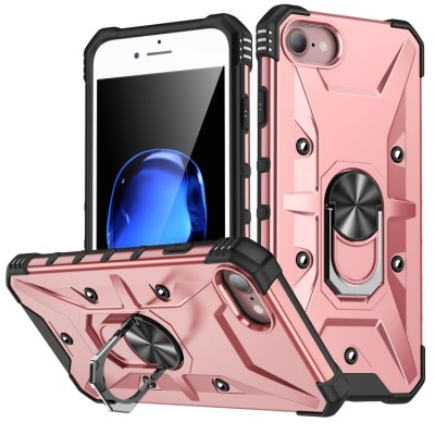 For iPhone SE 3 (2022) SE/8/7 Card Holder with Magnetic Ring Stand Hybrid Case Cover - Rose Gold