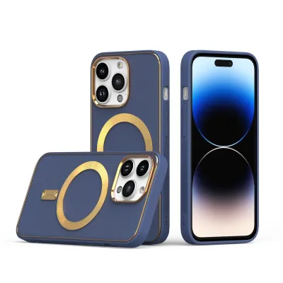 For iPhone 13 Pro Max Ultimate PU Leather [Magnetic Circle] Beautiful Hybrid - Navy Blue