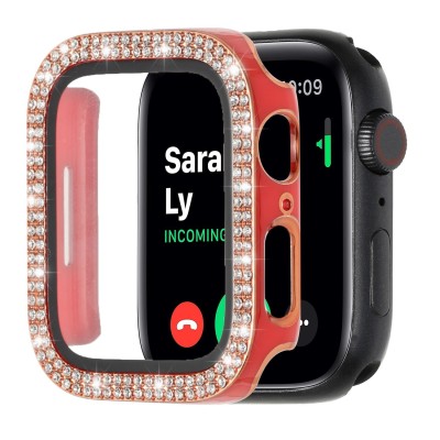 38mm Diamond Full Coverage with Tempered Glass iWatch Screen Frame - Chromed Gold+Red