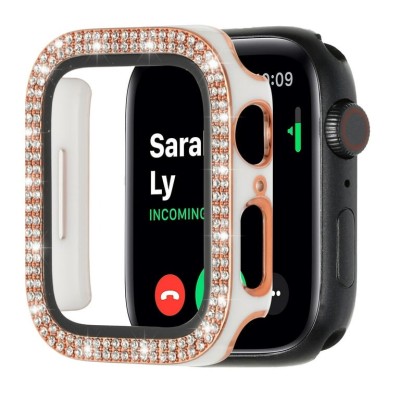 38mm Diamond Full Coverage with Tempered Glass iWatch Screen Frame - Chromed Gold+White