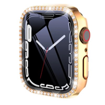 40mm Diamond Full Coverage with Tempered Glass iWatch Screen Frame - Chromed Gold+Blue