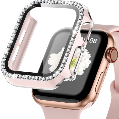 41mm Diamond Full Coverage with Tempered Glass iWatch Screen Frame - Chromed Gold+Pink