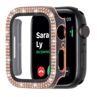 41mm Full Coverage RoseGold with Tempered Glass iWatch Screen Frame - Chromed Rose Gold+Midnight Green