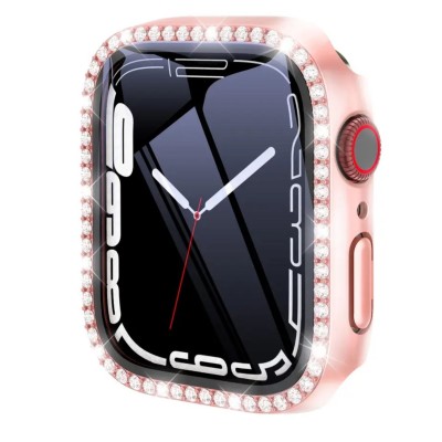 42mm Diamond Full Coverage with Tempered Glass iWatch Screen Frame - Chromed Gold+Red