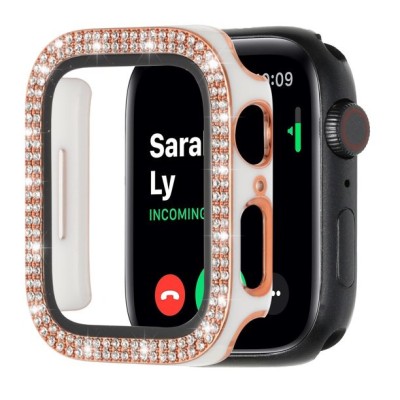 42mm Diamond Full Coverage with Tempered Glass iWatch Screen Frame - Chromed Gold+White