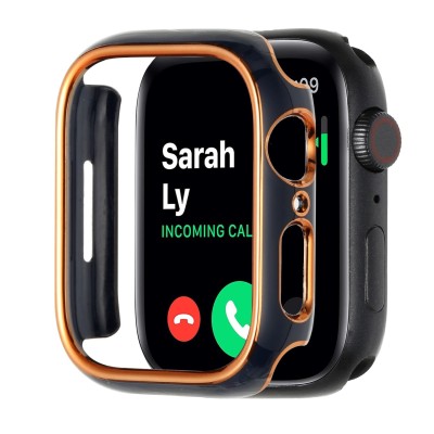 45mm Diamond Full Coverage with Tempered Glass iWatch Screen Frame - Chromed Gold+Blue