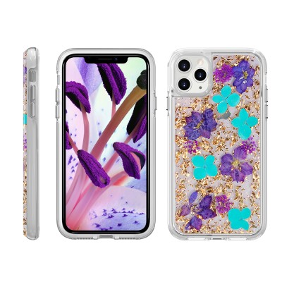 For Apple iPhone 11 (XI6.1) Floral Epoxy Glitter Colorful Frame Hybrid Case Cover - E