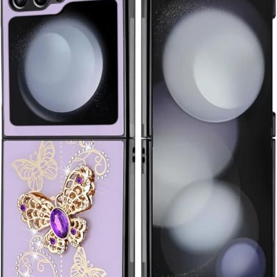 For Samsung Z Flip 6 SPLENDID Diamond Glitter Ornaments Engraving Case Cover - Garden Butterflies Purple
