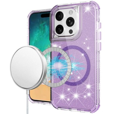 For Moto G Stylus 5G 2025 Magnetic Ring Glitter 3in1 Hybrid Case Cover - Purple