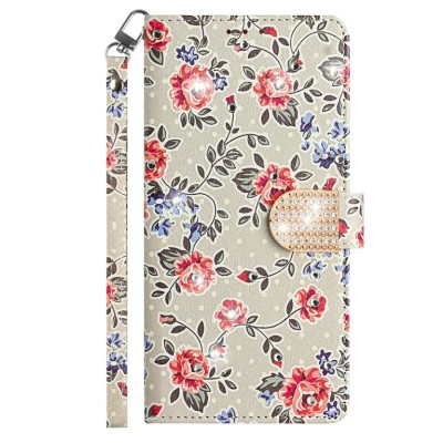 For Motorola G POWER 5G (2023) Diamond Bling Design Wallet With Lanyard Cover Case - Blooming Flower