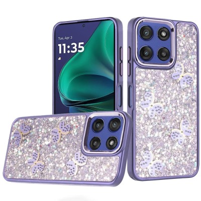 For Motorola Moto G 5G 2025 Angel Hearts Bling Shimmer Colorful Glitter Chrome Edged Hybrid Case - Rose Gold