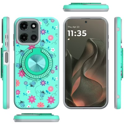 For Motorola Moto G 5G 2025 Metal Diamond CD Pattern Design Matte Finished Hybrid with Rotational Ring [Car Mount Friendly] Case - Pink with Daisies and Floral