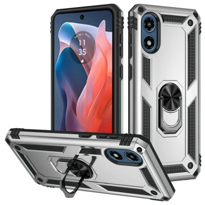 For Motorola Moto G Play 2024 Ring Magnetic Kickstand Hybrid Case Cover - Silver