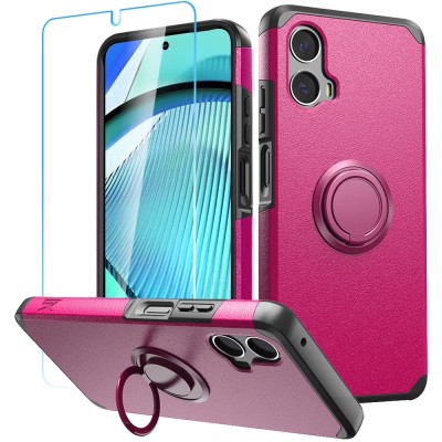 For Motorola Moto G Power 5g 2024 Tough Hybrid With Ring Stand + Tempered Glass - Hot Pink