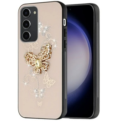 For Samsung Galaxy s25 Edge Splendid Floral Designs with Metal Camera and Buttons with Butterfly Ring Stand Hybrid Case - Gold