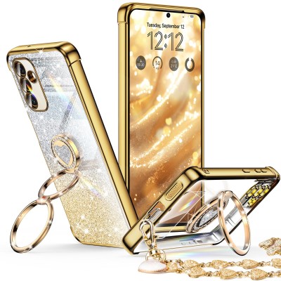 For Samsung s25 FE Glitz HQ Shimmer Glitter [Magnetic Ring Circle] with 360 degree Rotational Ring Kickstand Tough Hybrid Case - Gold