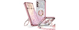 For Samsung s25 FE Splendid Glitter with Diamonds All Around  Edges Ring Stand Case Cover - Pink