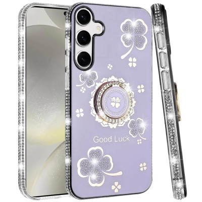 For Samsung s25 FE Splendid Glitter with Diamonds All Around  Edges Ring Stand Case Cover - Purple
