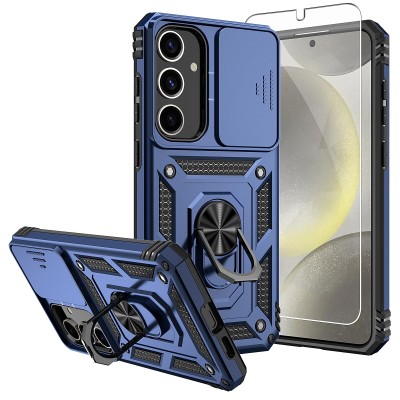 For Samsung s25 FE Utter Tough Metal Ring Movable Camera Window Hybrid Case Cover - Navy blue