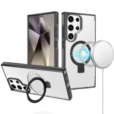 For Samsung s25 Ultra Dotted Edged Line Transparent HQ Magnetic Ring Stand Hybrid - Black