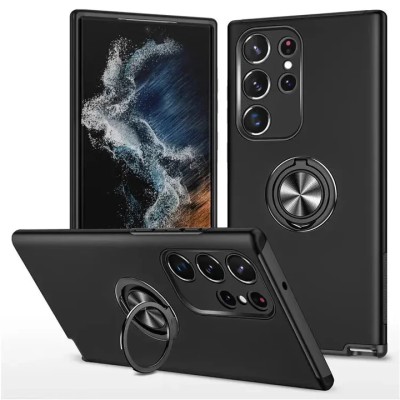 For Samsung s25 Ultra Metal CD Pattern Matte Finished Hybrid with Rotational Ring [Car Mount Friendly] Case - Black