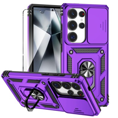 For Samsung s25 Ultra Splendid Glitter Butterfly Design Stand with  Metallic Edges Hybrid Case - Dark Purple