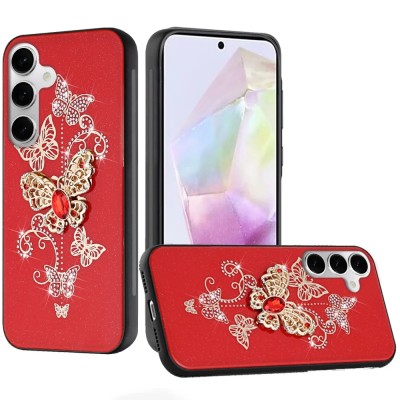 For Samsung s25 Ultra Splendid Glitter Butterfly Design Stand with  Metallic Edges Hybrid Case - Red