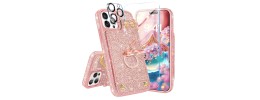 For iP15 Pro Max Card Holder Passion Square Chromed Heart Ornaments PU Leather Case Cover - Rose Gold