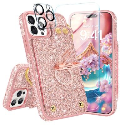 For iP15 Pro Max Card Holder Passion Square Chromed Heart Ornaments PU Leather Case Cover - Rose Gold