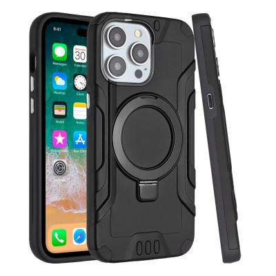 For iPhone 14 PLUS Loop Hybrid with [Magnetic Ring Circle] 360 degrees Rotational Kickstand Case Cover - Black