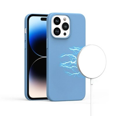 For iPhone 14 PRO MAX 6.7" PU Leather with inner [Magnetic Circle] Colored Metal Buttons - Sky Blue
