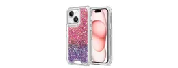 For iPhone 15 Epoxy Sticker Glitter 3in1 Shockproof Transparent Hybrid Case - Hot Pink + Purple