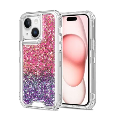 For iPhone 15 Epoxy Sticker Glitter 3in1 Shockproof Transparent Hybrid Case - Hot Pink + Purple