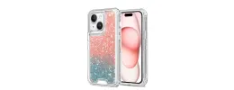For iPhone 15 Epoxy Sticker Glitter 3in1 Shockproof Transparent Hybrid Case - Pink + Light Blue