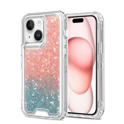 For iPhone 15 Epoxy Sticker Glitter 3in1 Shockproof Transparent Hybrid Case - Pink + Light Blue