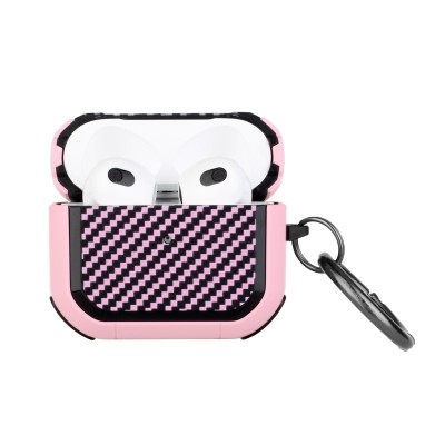 For AirPods 1/2 Carbon Fiber Design Hybrid With Metal Hook Case Cover - Light Pink