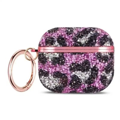 For AirPods 3 Leopard Design Bling Glitter Diamond Case Cover - Hot Pink