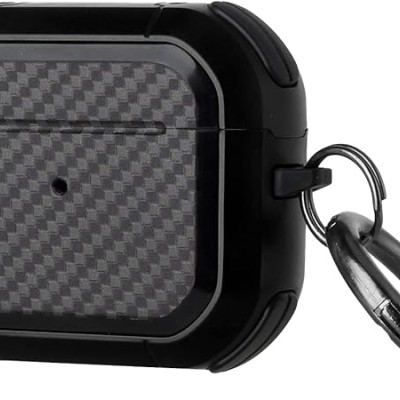 For AirPods Pro2 (2022 2nd Version) Carbon Fiber Design Hybrid With Metal Hook Case Cover - Black