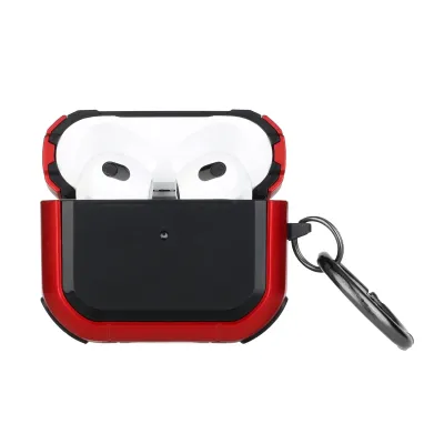 For AirPods Pro 3 2025 (3rd Version) Premium Rugged ShockProof Hybrid With Metal Hook Case Cover- Black+Red