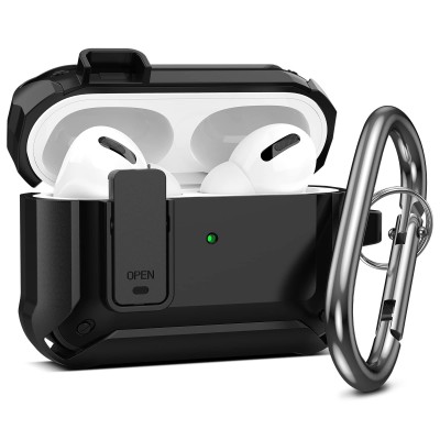 For AirPods Pro Machine Hybrid ShockProof With Metal Hook Case Cover - Black