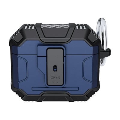 For AirPods Pro Rugged ShockProof Hybrid With Open Button Metal Hook Case Cover - Blue