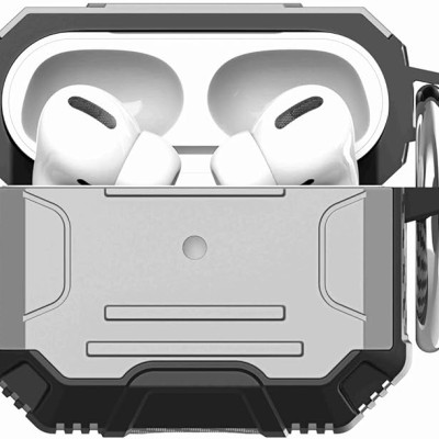 For AirPods Pro2 (2022 2nd Version) Rugged ShockProof Hybrid With Metal Hook Case Cover - Silver