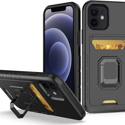 For Apple iPhone 14 6.1" Card Holder with Magnetic Ring Stand Hybrid Case Cover - Black