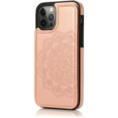 For Apple iPhone 14 PRO 6.1" Luxury Side Magnetic Button Card ID Holder PU Leather Case Cover - Rose Gold Mandala Flower