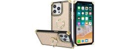 For Apple iPhone 14 6.1" SQUARE Passion Glitter Diamond Ring Stand Case Cover - Floral Design Gold
