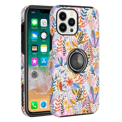 For Apple iPhone 14 6.1" Sketch Design Hybrid Magnetic Ring Sand Case Cover - D