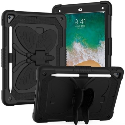 For Apple New iPad 9.7 inch Butterfly Kickstand 3in1 Tough Hybrid Case Cover with Shoulder Strap - Black/Black