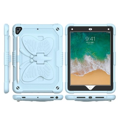 For Apple New iPad 9.7 inch Butterfly Kickstand 3in1 Tough Hybrid Case Cover with Shoulder Strap - Light Blue