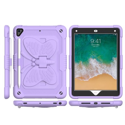 For Apple New iPad 9.7 inch Butterfly Kickstand 3in1 Tough Hybrid Case Cover with Shoulder Strap - Light Purple